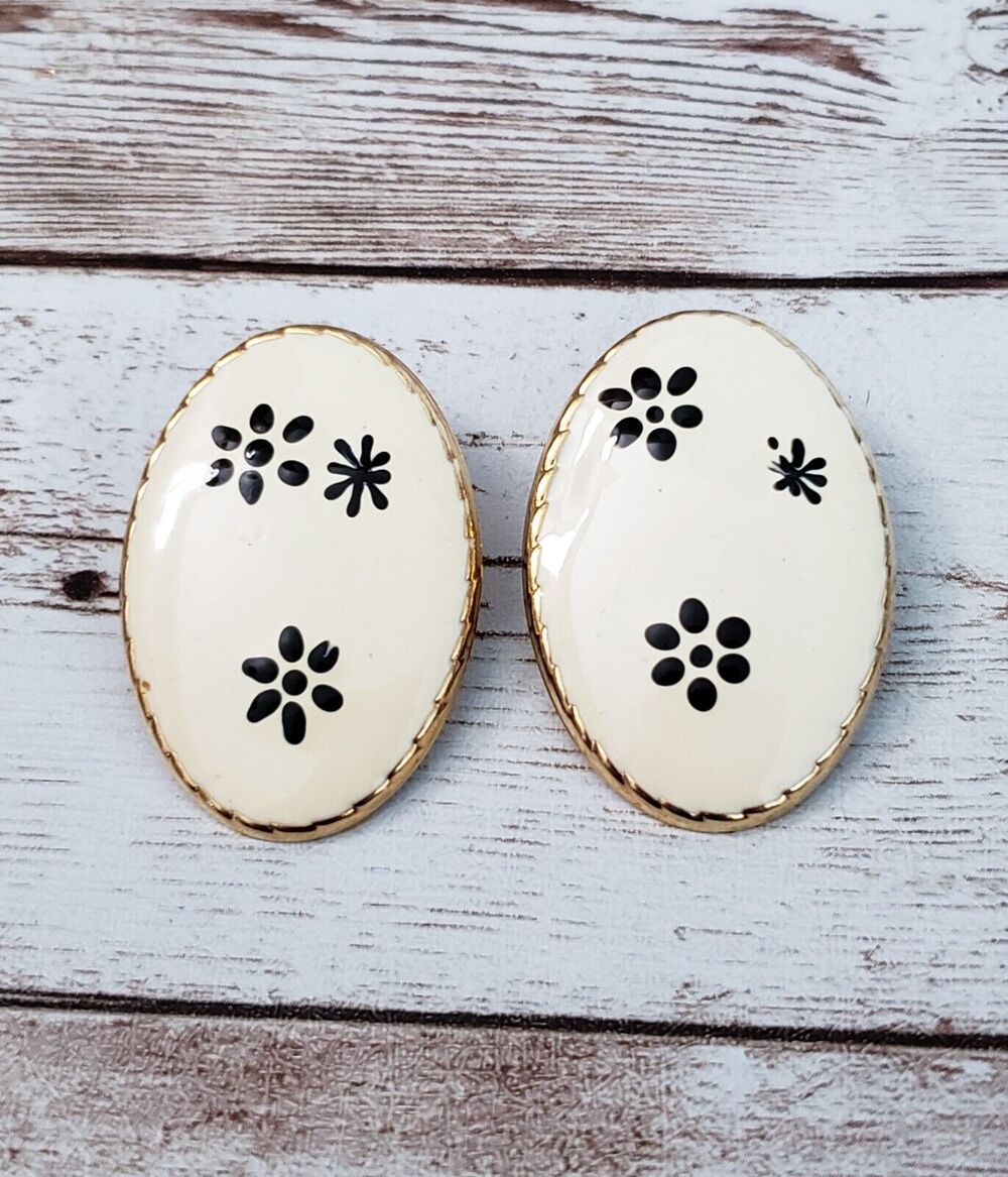 Vintage Clip On Earrings - Large Oval Cream with Black Flowers